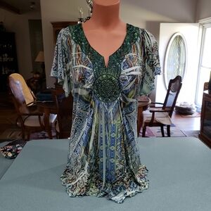 Covington Blue and Green Patterned Short Sleeve Top Y2K Sublimation Fairy